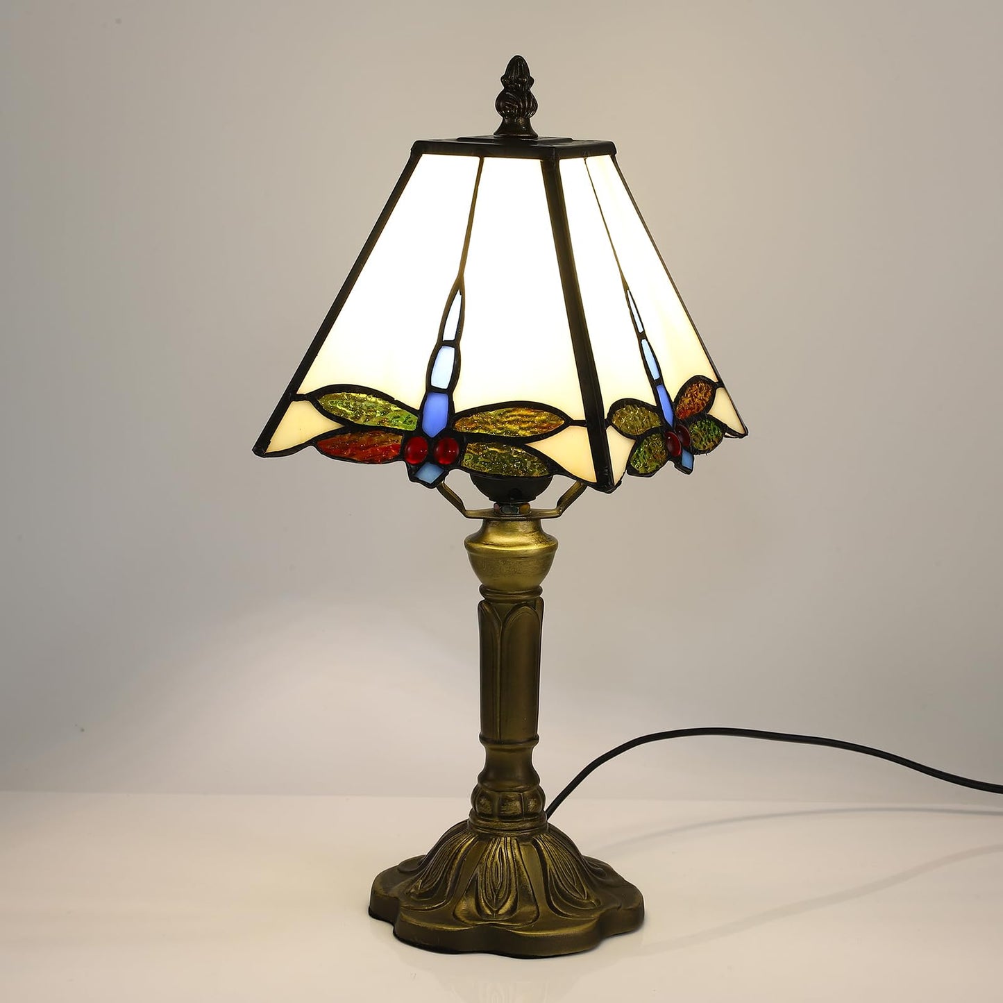 FUMAT Tiffany Table Lamps LED Bedroom Bedside 18 INCH Tall Table Lamp Rose Flower Grape Stained Glass Lamp for Table Lamps (White Dragonfly-8X8X15INCH)