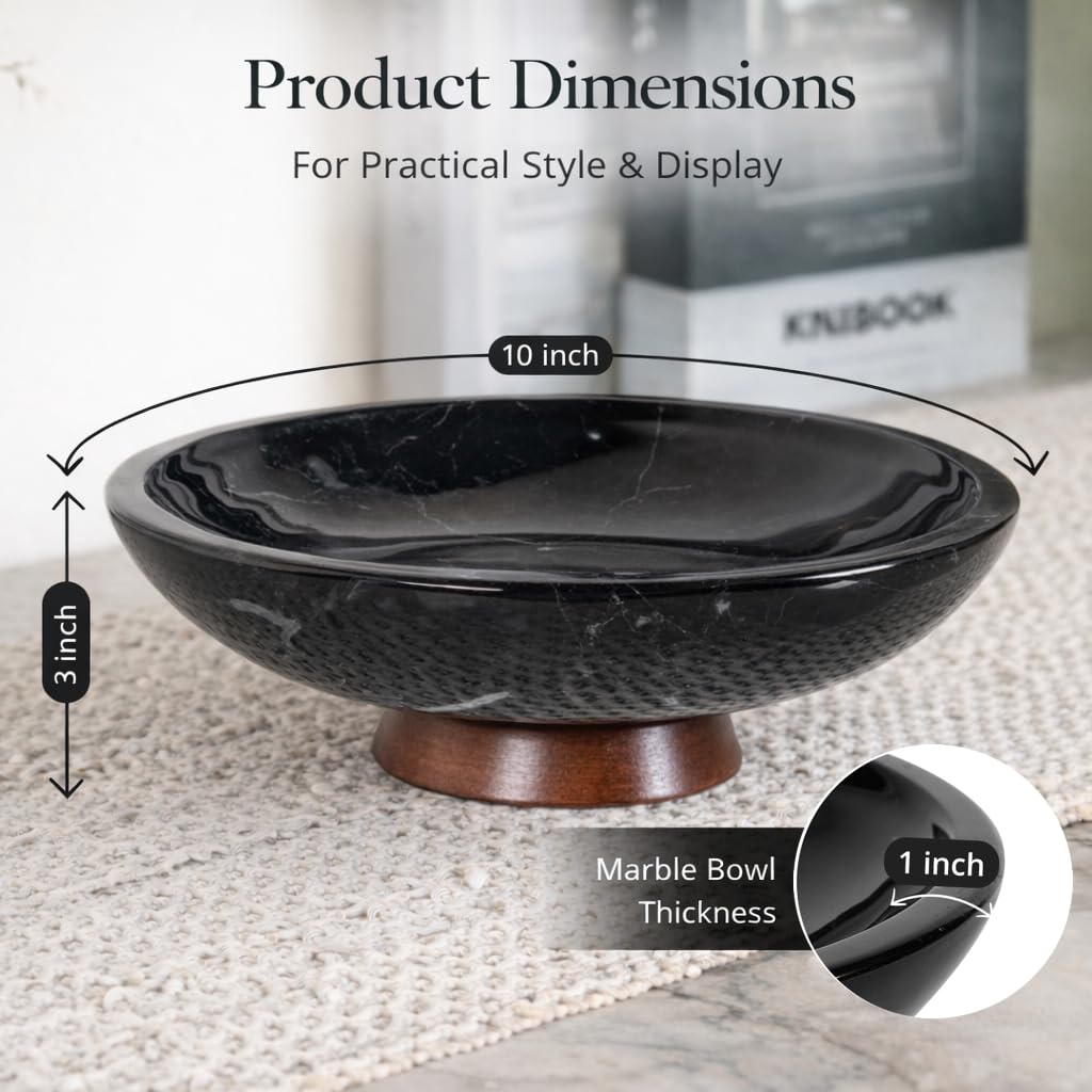 Decorative Marble Bowl Black - Handcrafted Natural Stone on Acacia Wood Pedestal - Versatile 10" Catch‑All Centrepiece for Home Decor - Entryway, Dining Table, Kitchen Fruit Bowl, Key Holder (Black)
