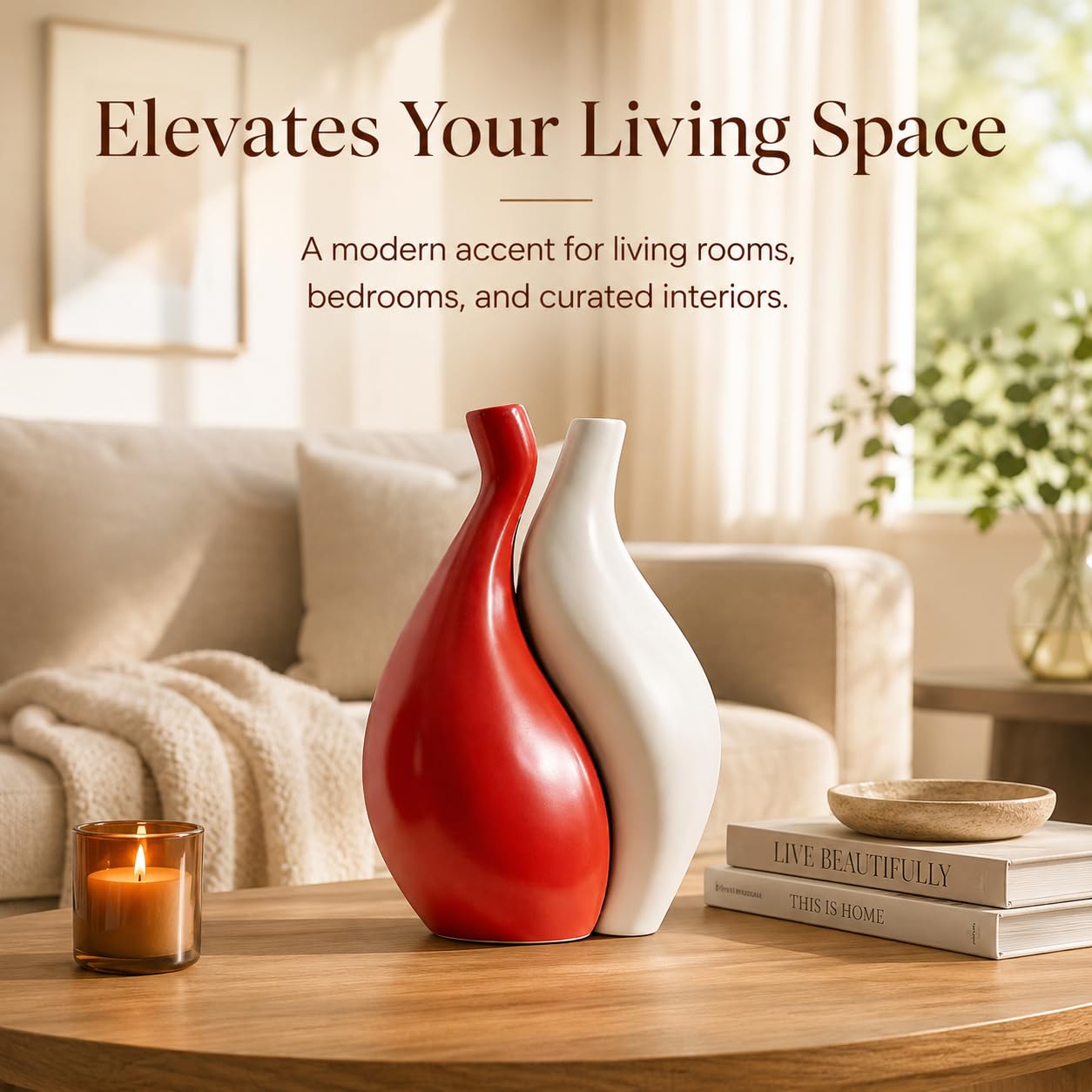 XGZY Simple Modern Art Red and White Ceramic Vase, Flower Vase Home Decor for Room, Bedroom, Office Desk, Entryway Table, Farmhouse, Coffee Table, Shelf, House Warming Gifts