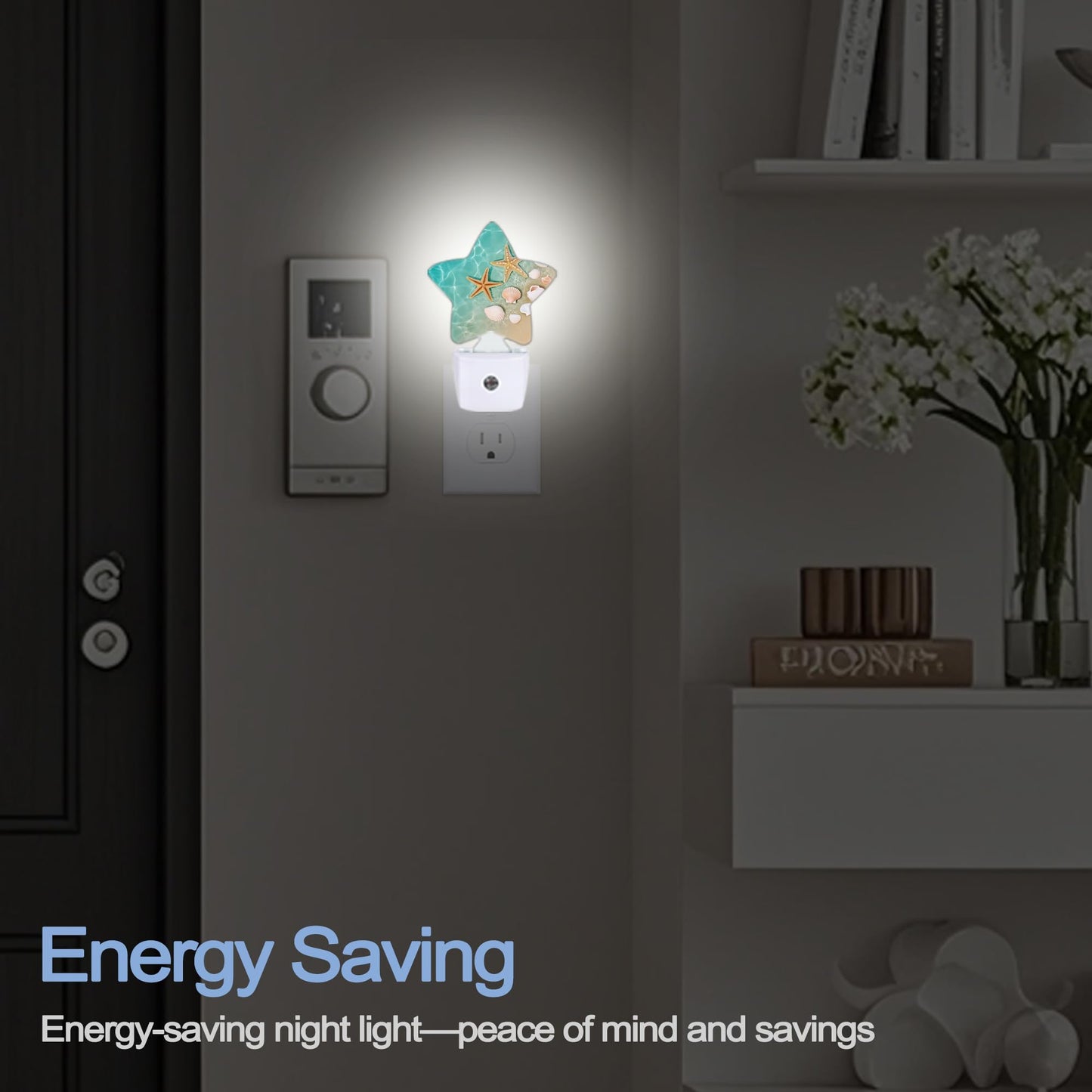 Night Light,Beach Starfish Shell Plug into Wall with Dusk to Dawn Light Sensors,Coastal Summer Warm Star Nightlights for Bedroom,Bathroom,Hallway,Kitchen Home Decor Desk Lamp