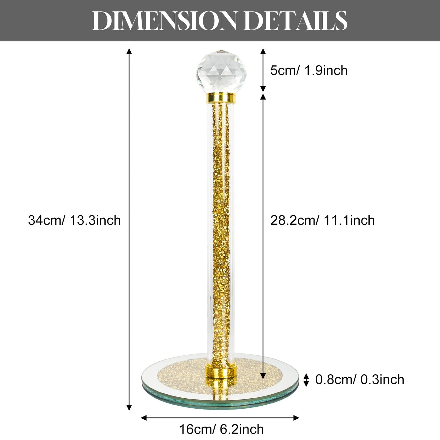 Decorative Paper Towel Holder, Gold Crystal Paper Towel Dispenser, Crushed Diamond Home Decor Toilet Roll Holder Stand with Heavy Base, Freestanding Paper Holder for Kitchen, Bathroom (Round/Gold)