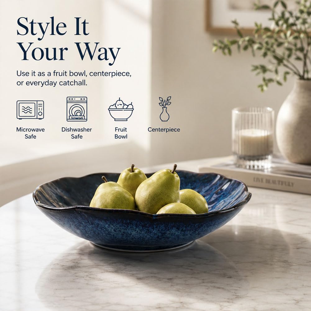 10.8" Blue Candy Dish, Navy Blue Decorative Bowl, Large Glazed Blue Pottery Bowl, Candy Bowl for Office Desk, Key Bowl for Entryway Table, Fruit Bowl Centerpiece for Coffee Table Living Room Decor
