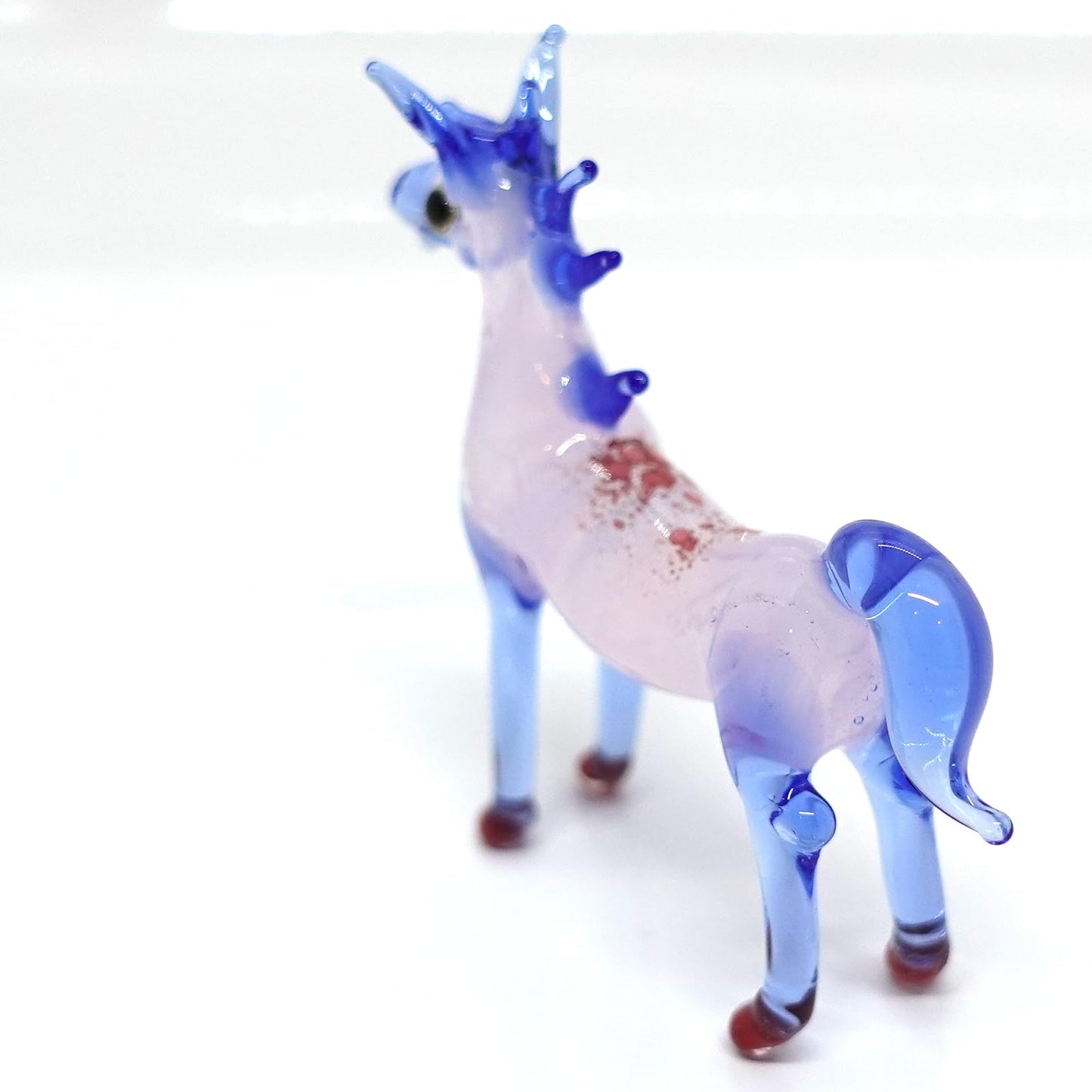 Sansukjai Horse Miniature Figurine – Handmade Blown Glass Art – Tiny Animal Collectible Sculpture – Unique Home Decor Gift (Blue Pink)
