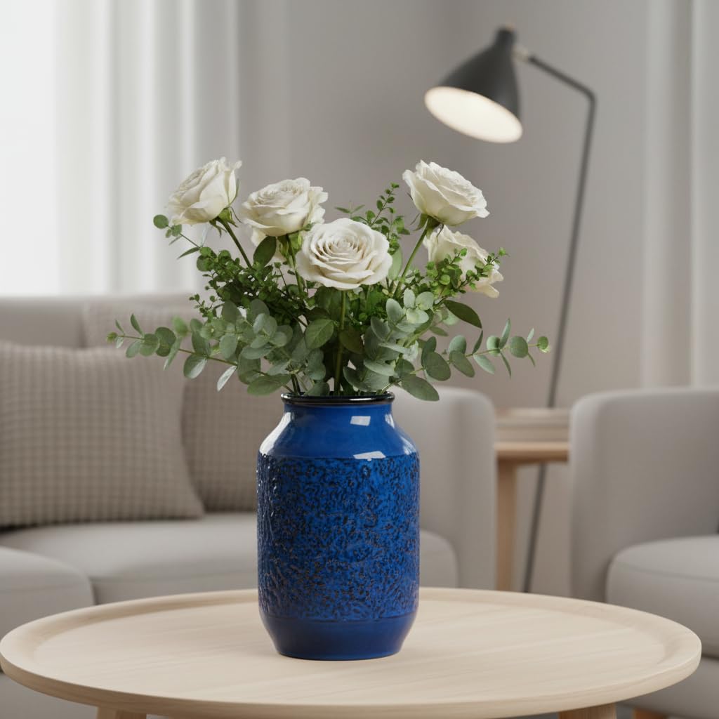 Wancetang Blue Vase for Decor, 9 inch Ceramic Flower Vase, Modern Decorative Vases Home Decor, Bathroom Bedroom Office Living Room Shelf Decoration