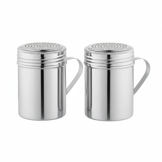 Notana Stainless Steel 10 Ounce Dredge Shakers with Handle for Powder Sugar, Flour Duster for Baking, Seasoning Shaker, Salt and Pepper Shakers, Cinnamon Sugar Dispenser for Kitchen (2-PACK)