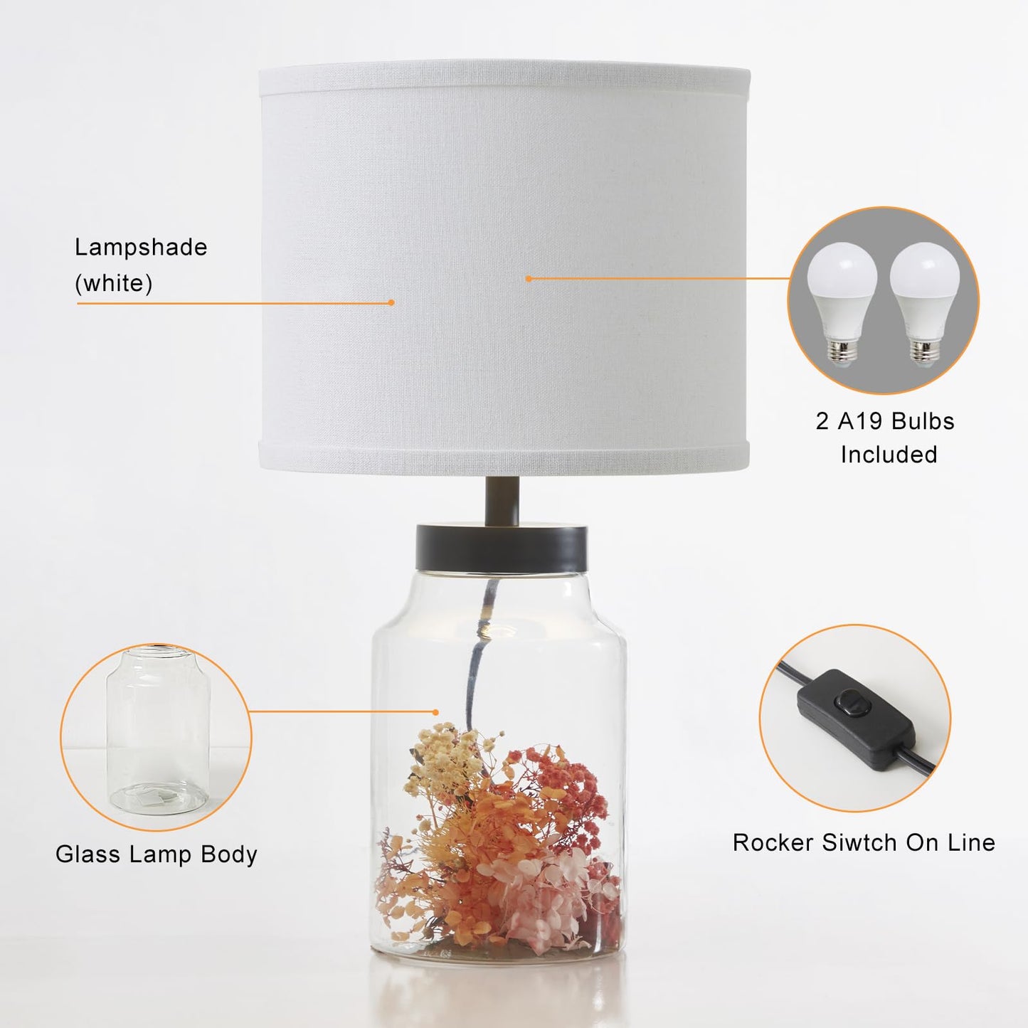 GyroVu Fillable Table Lamp,Bedside Lamp with Clear Glass Fillable Modern Table Lamp with White Lampshade Beside Lamp for Living Room Bedrooms Office Bulbs Included(White)
