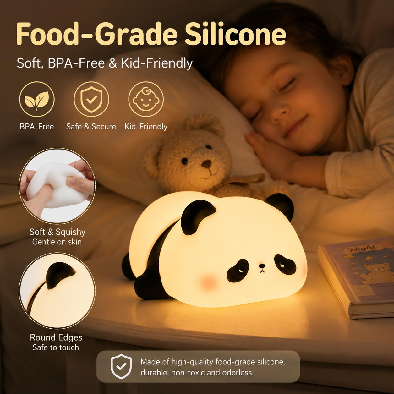 VidwanHome Cute Panda Night Light for Kids, Silicone Baby Squishy Lamp, 3-Level Dimmable Nursery Light for Bedroom, Rechargeable Portable Lamp, Desk Decor Birthday Christmas White Elephant Gift