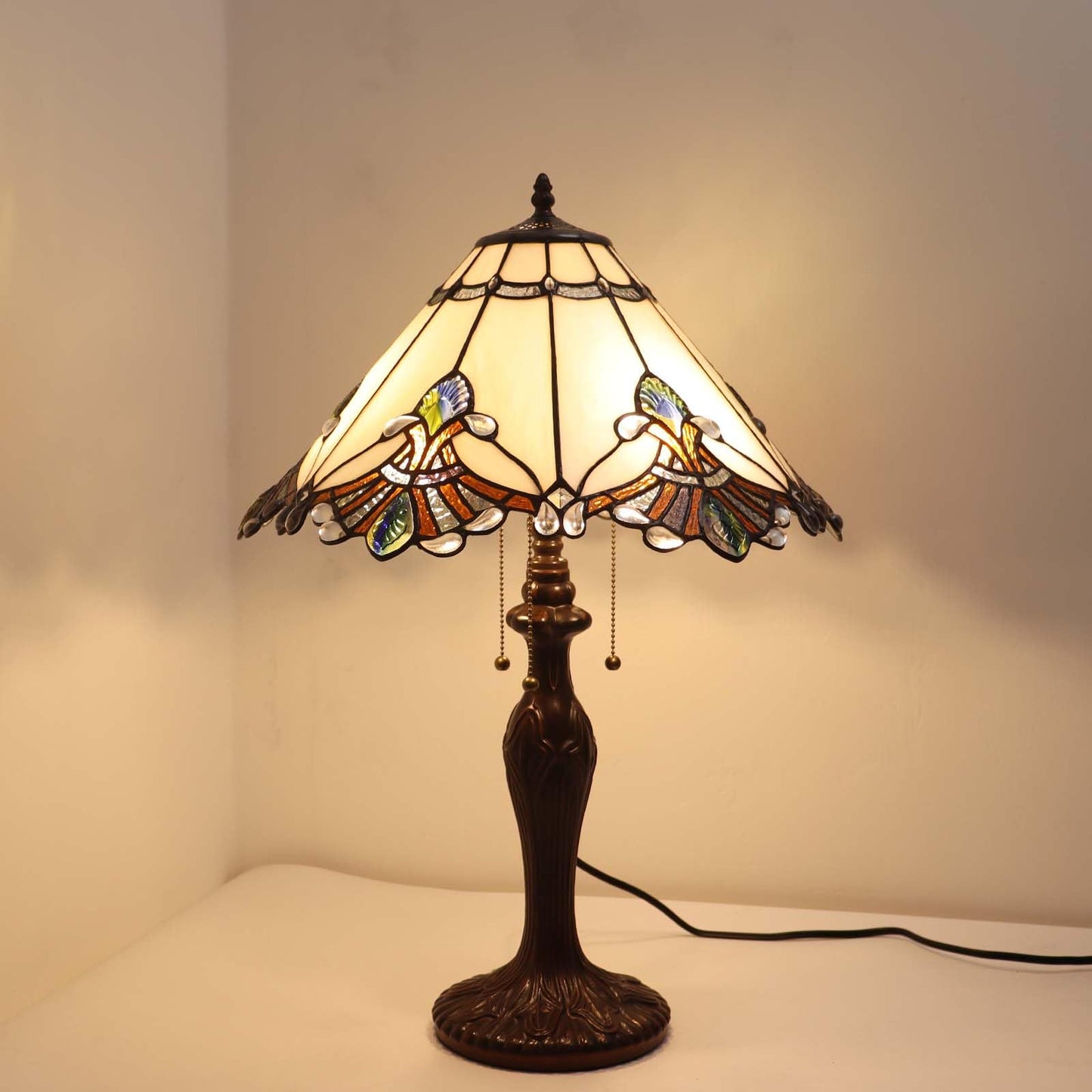 Bieye L10025 Baroque Tiffany Style Stained Glass Table Lamp with 17 inches Wide Handmade Lampshade for Bedside Bedroom Living Room, 26-inch Tall (White)
