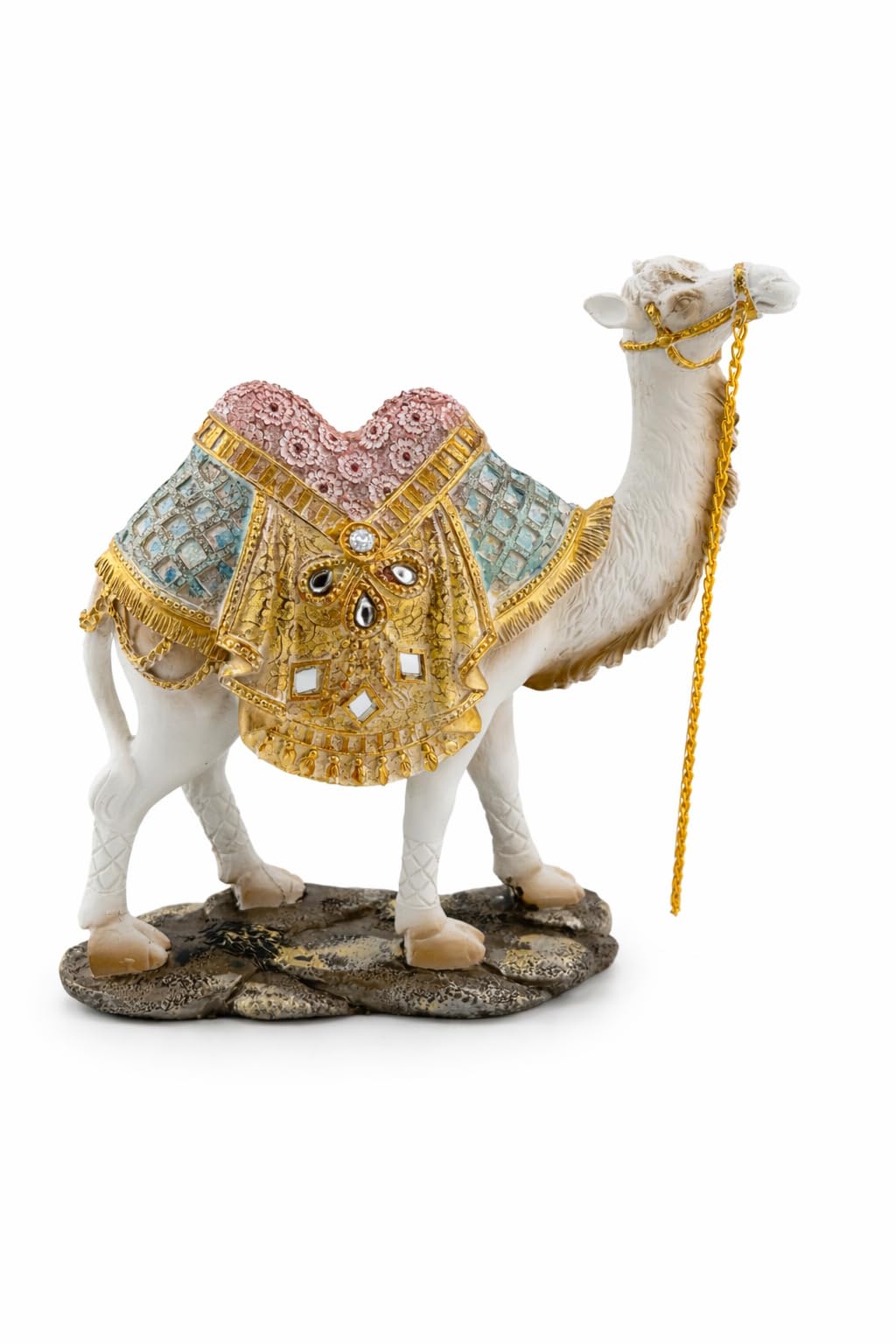 Ornate White Camel Figurine — Decorative Resin Camel Statue with Gold Embellished Saddle & Chain — Luxury Home Décor Accent for Mantel, Shelf, Tabletop (7 × 2.5 × 7.75 in, 1 lb)