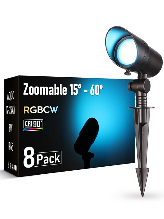 LEONLITE 8-Pack RGBCW LED Landscape Spotlight, 15°-60° Adjustable Beam Angle, 8W Low Voltage Spot Light with Stepless Adjustment, Color Changing, Aluminum, IP65 Waterproof, Oil Rubbed Bronze