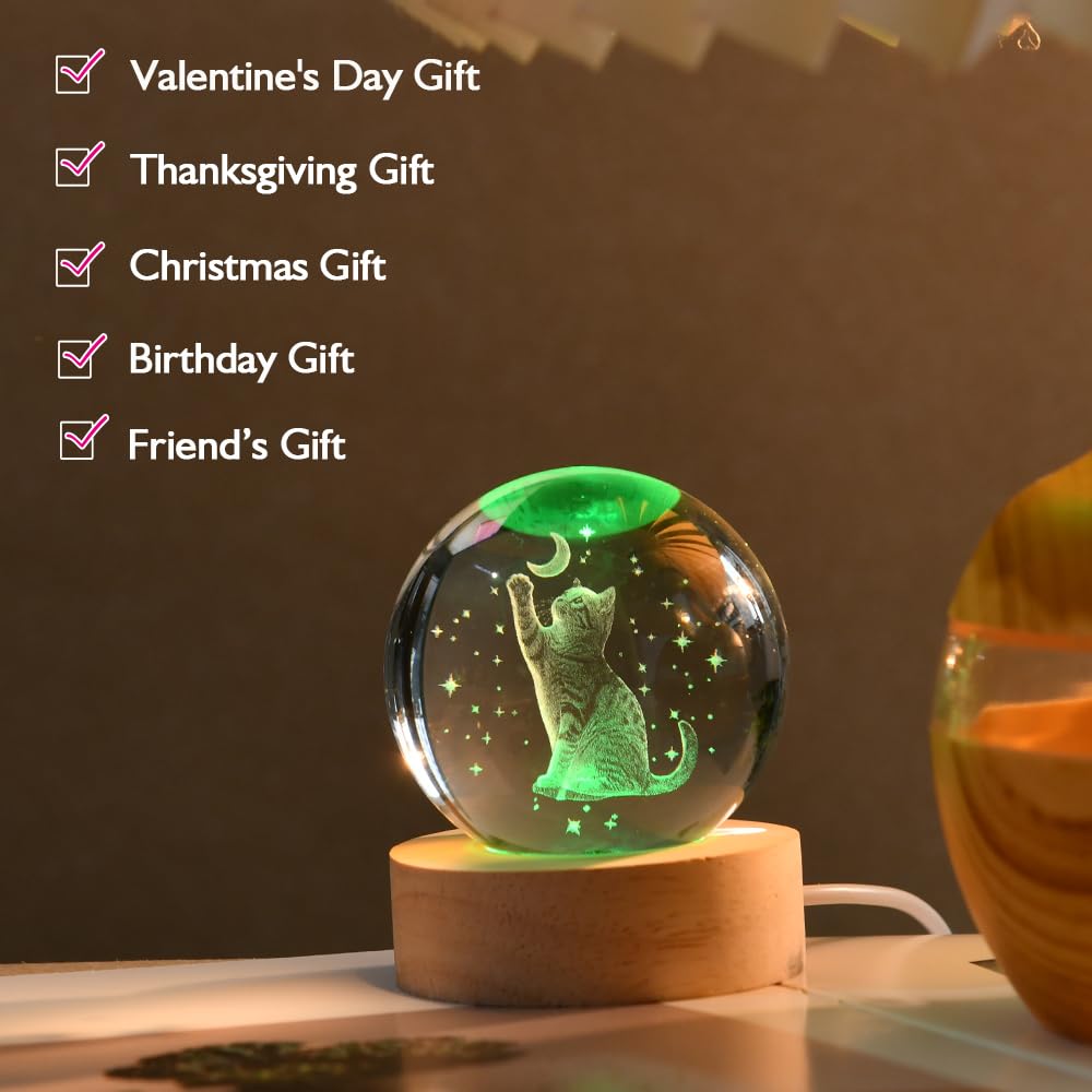 3D Cat Gifts for Women 60mm Crystal Ball Cat Lovers Gift Decor Cat Themed Gifts Lamp Glass Ball for Birthday Mothers Day Christmas Birthday