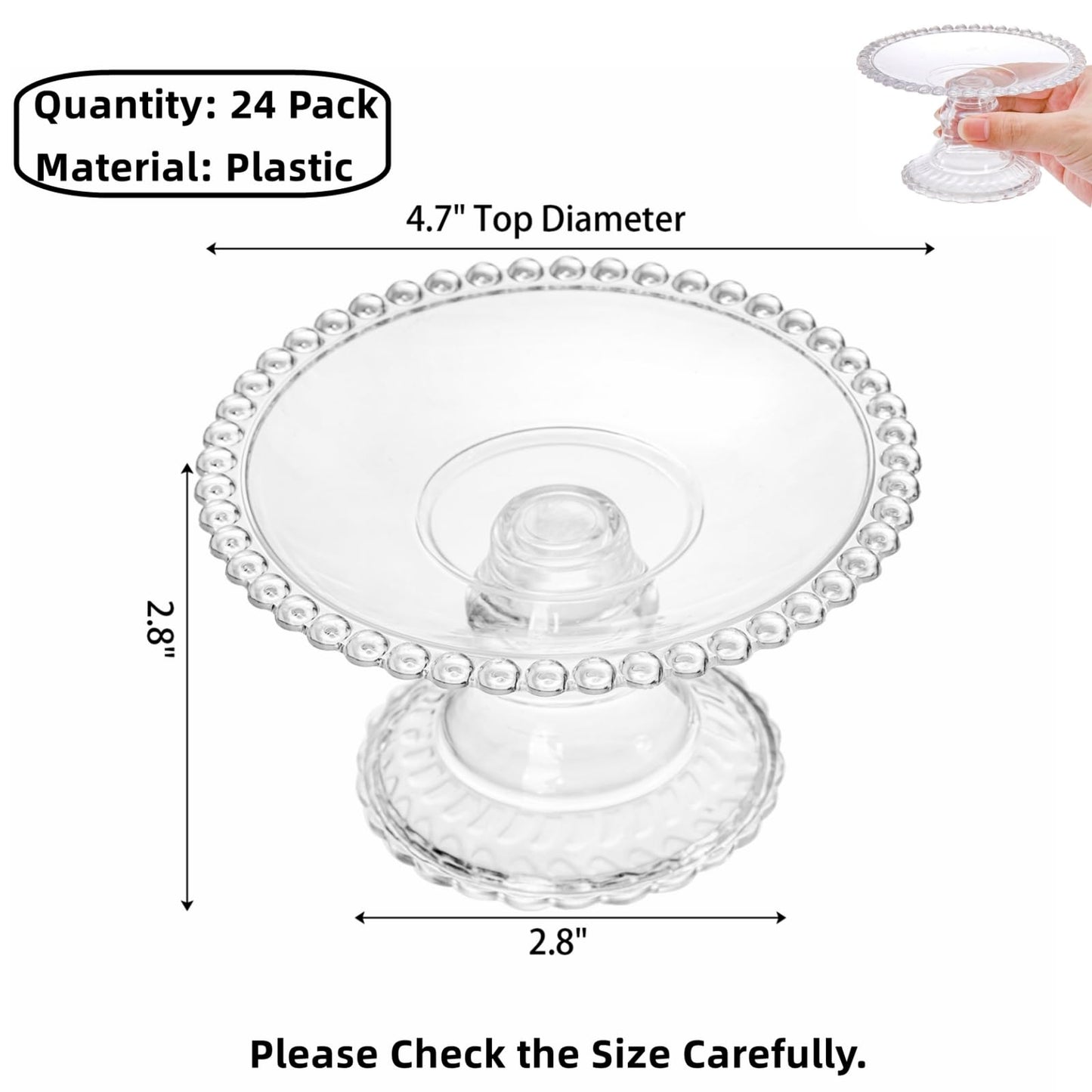 Hacaroa 24 Pcs Mini Cake Plate Stand, Plastic Single Cupcake Holder Serving Plate, Clear Small Dessert Display Stand Tray for Chocolate, Fruits, Baby Shower, Wedding, Birthday, Party