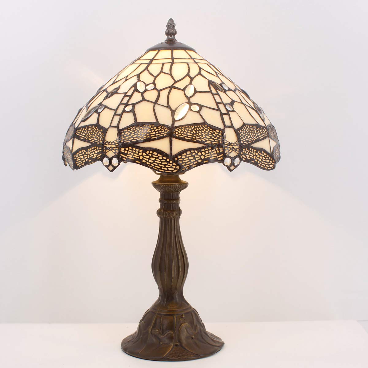 WERFACTORY Tiffany Lamp Cream Stained Glass Dragonfly Bedside Table Lamp