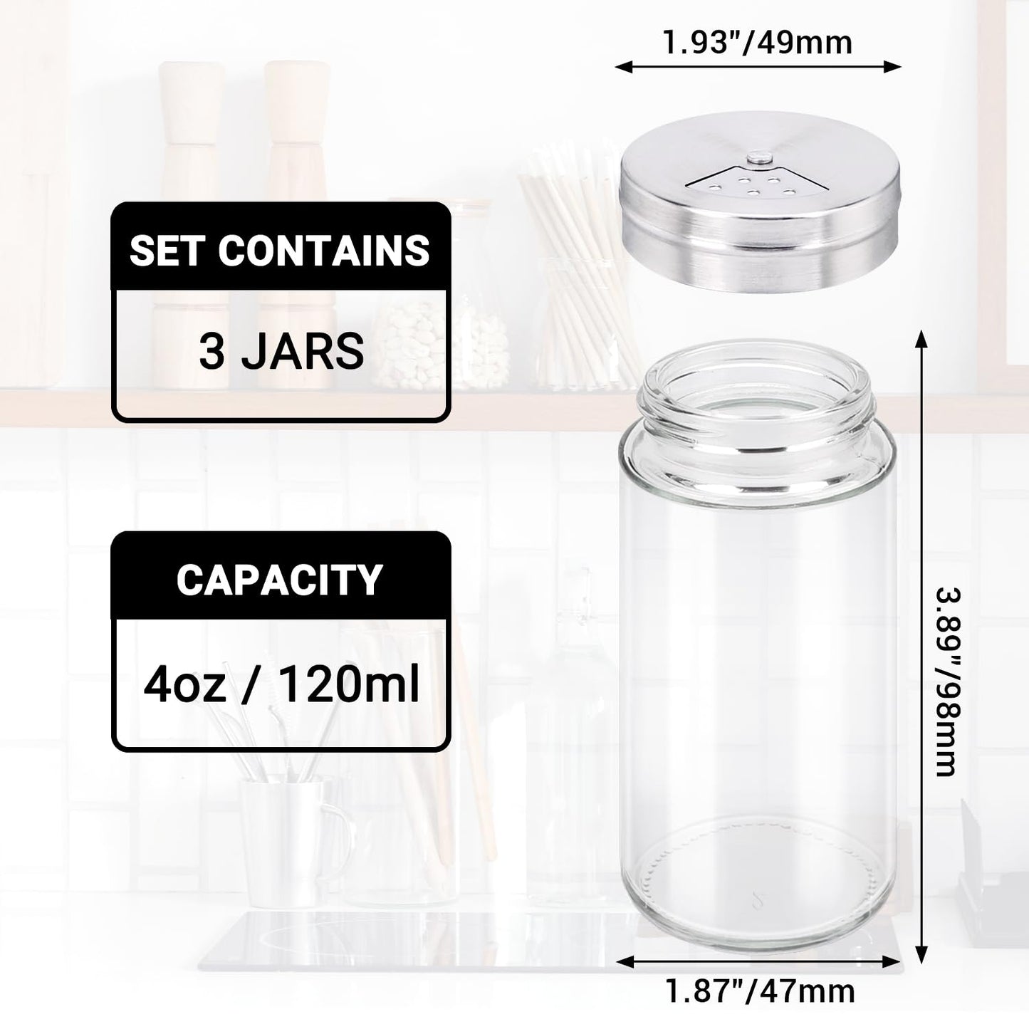 Segarty Spice Jar, 3 Pack 4 oz Glass Spice Jars with Shaker Lids, Clear Seasoning Organizer Spice Containers with Adjustable Pour Holes for Kitchen Cabinet, Salt Shakers with Stainless Lid