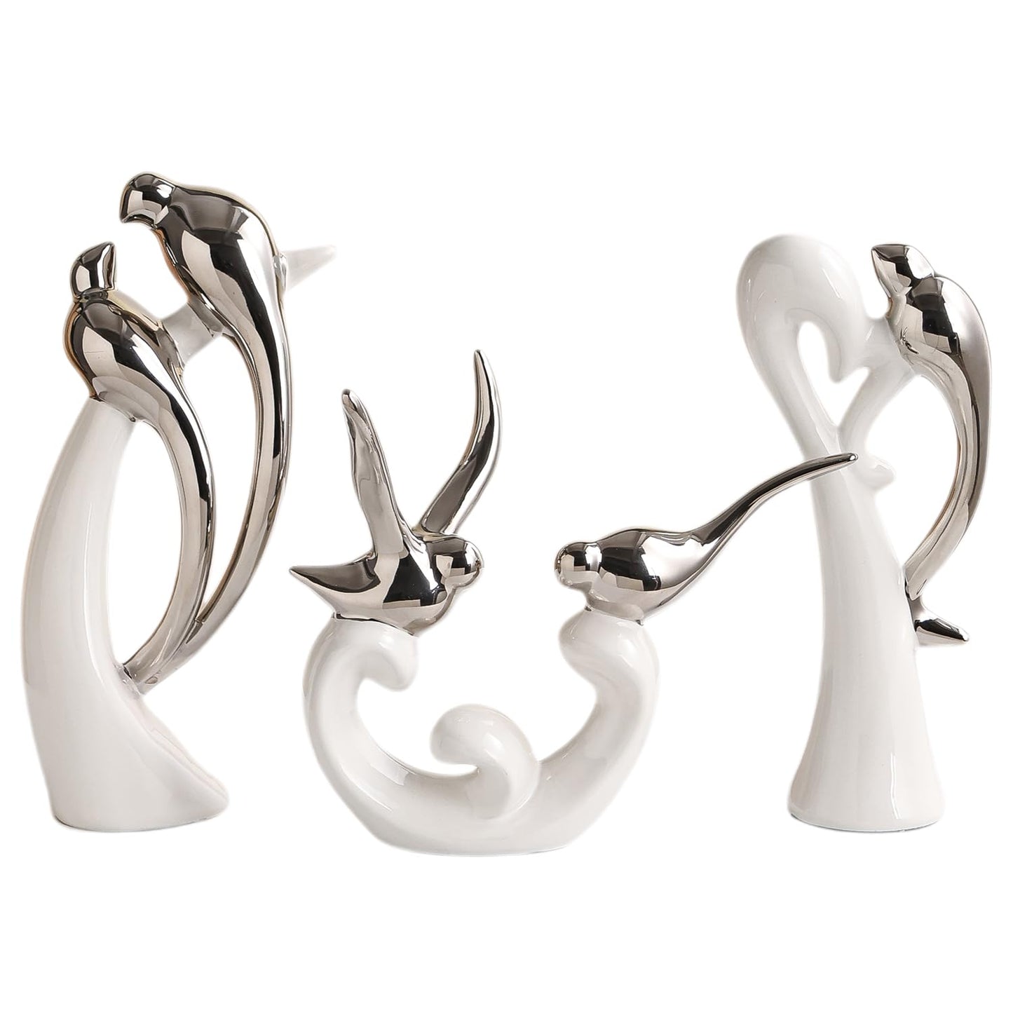Dneuoir Ceramic Statues Set of 3, Birds and Base Sculpture Modern Home Decor Aesthetic Abstract Decorative Statue for Living Room Bedroom Bookshelf Dining Table Centerpiece Office (White and Silver)