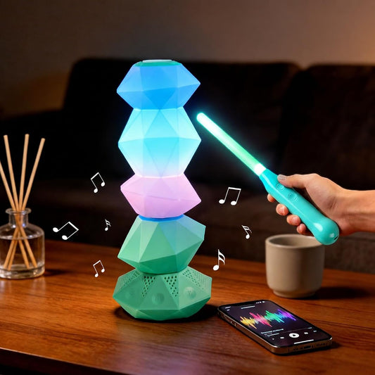 BITILLUM RGB Mood Lamp with Bluetooth Speaker, Rotating Ambient Night Light with Magic Wand Control, Dimmable Color Changing Aesthetic Lamp for Bedroom, Gaming Room, Desk & Teen Gifts