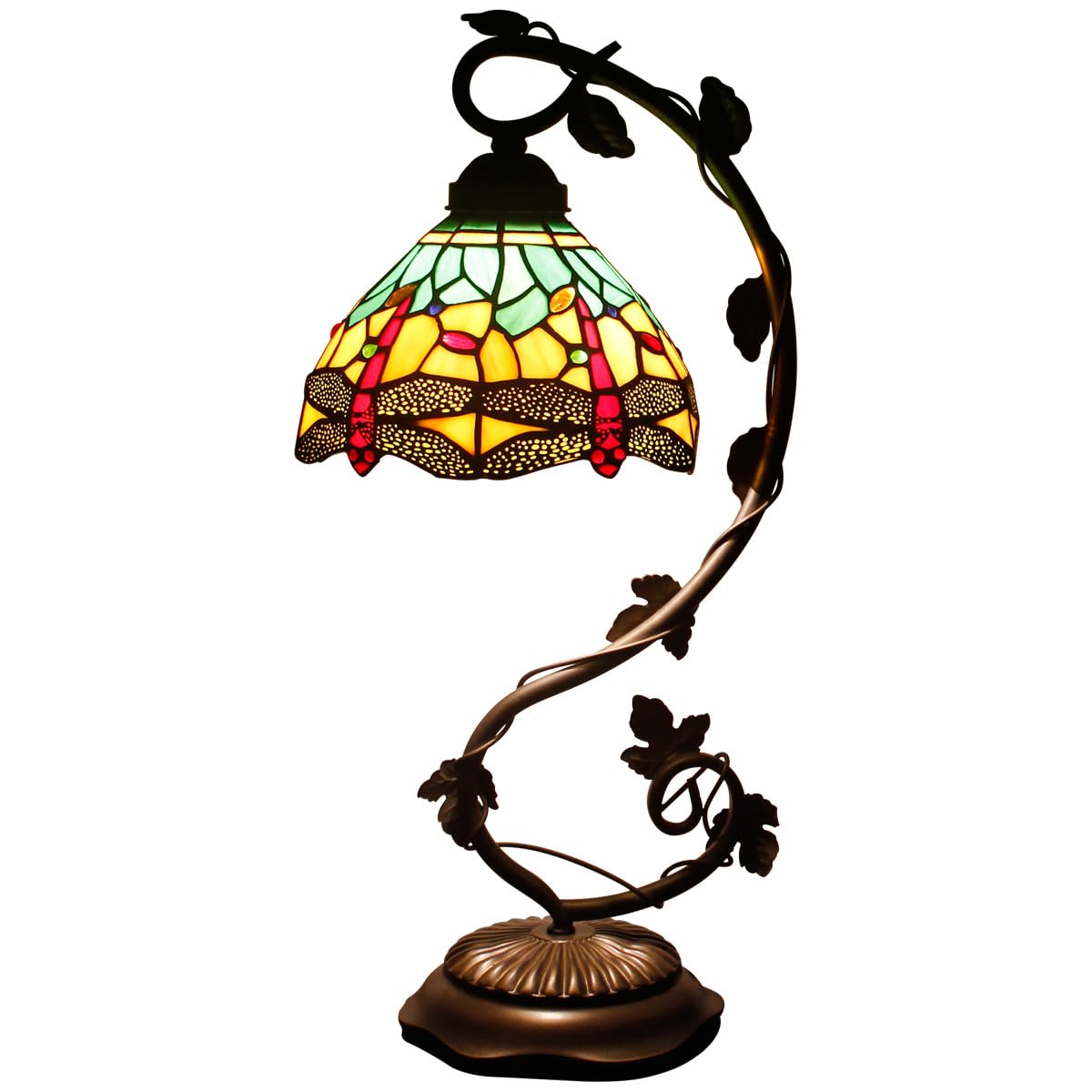 WERFACTORY Tiffany Lamp Green Yellow Stained Glass Dragonfly Style Table Lamp Metal Leaf Base 8X10X21 Inches Desk Light Decor Small Space Bedroom Home Office S009G Series
