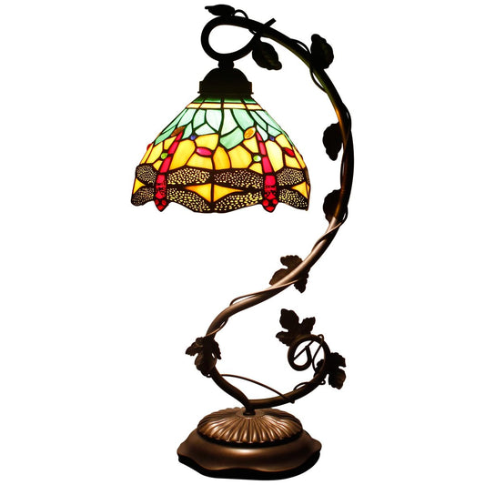 WERFACTORY Tiffany Lamp Green Yellow Stained Glass Dragonfly Style Table Lamp Metal Leaf Base 8X10X21 Inches Desk Light Decor Small Space Bedroom Home Office S009G Series