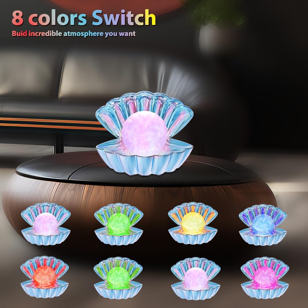 LKUA Shell Pearl Beach Themed Night Light, RGB 8 Colors Changing Mood Shell Pearl Lamps, Bedside LED Clamshell Portable Night Lights for Bar (Electroplating Blue)