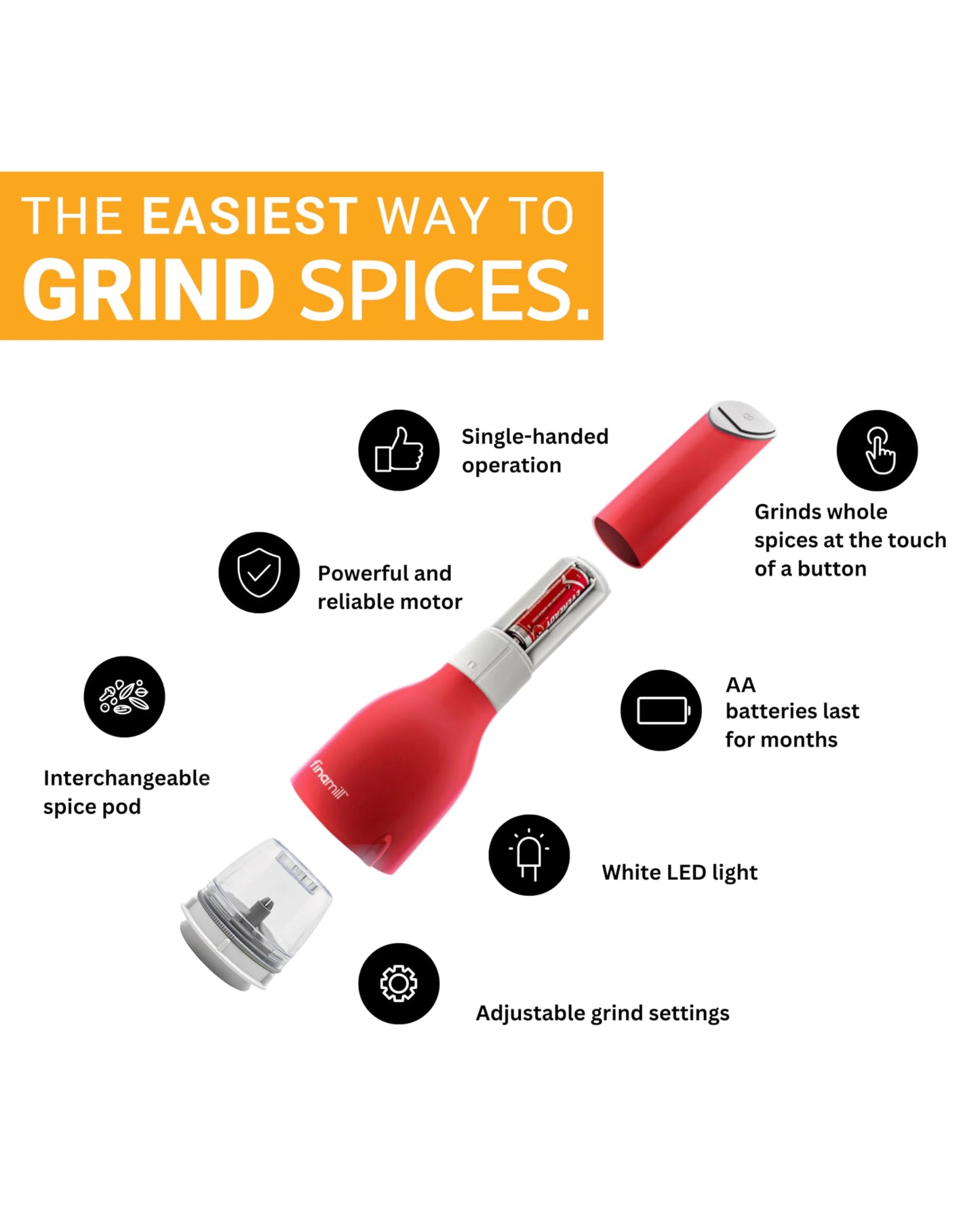 FinaMill Classic Battery Spice Mill – Battery Operated Salt and Pepper Grinder Set, Includes 2 Interchangeable Spice Pods, Adjustable Coarseness, Ceramic Grinder, LED Light, Home and Kitchen Gift Set