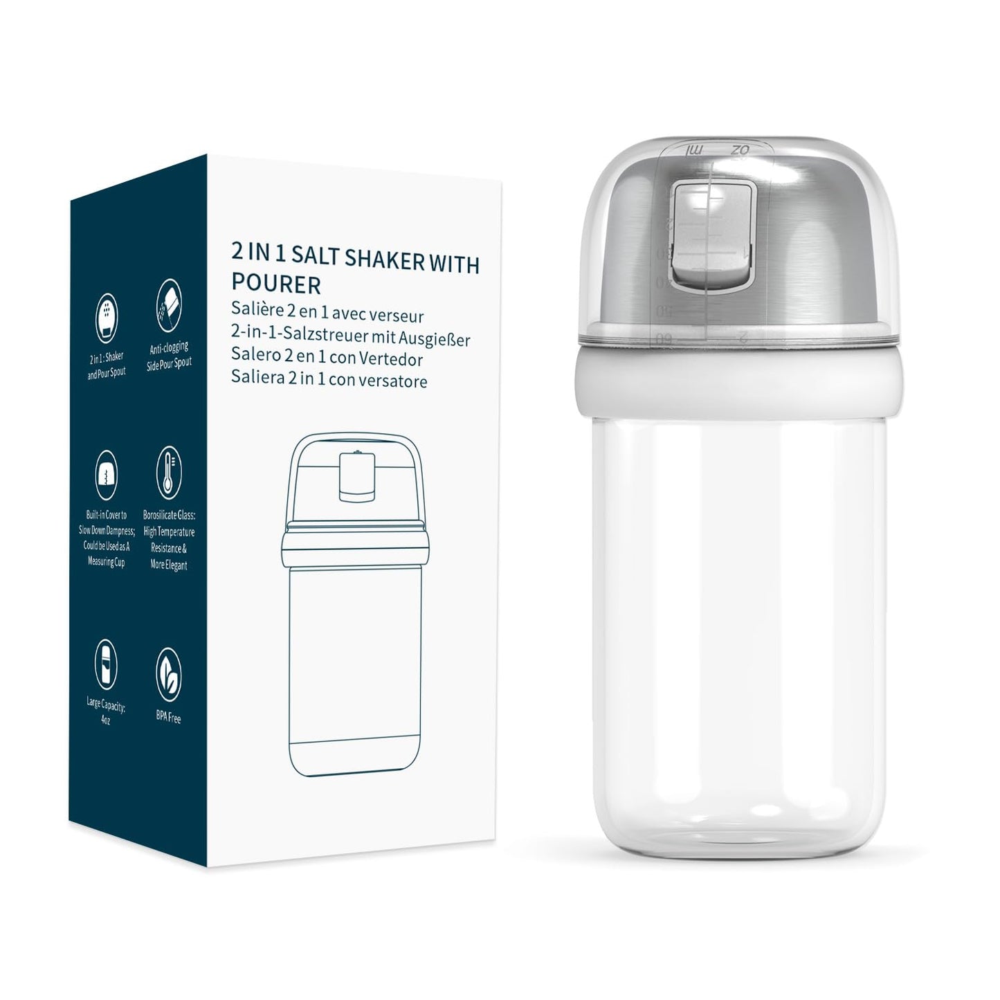KITCHENDAO Large Acacia Salt Cellar Box and 2 in 1 Glass Salt Shaker with Side Pour Spout