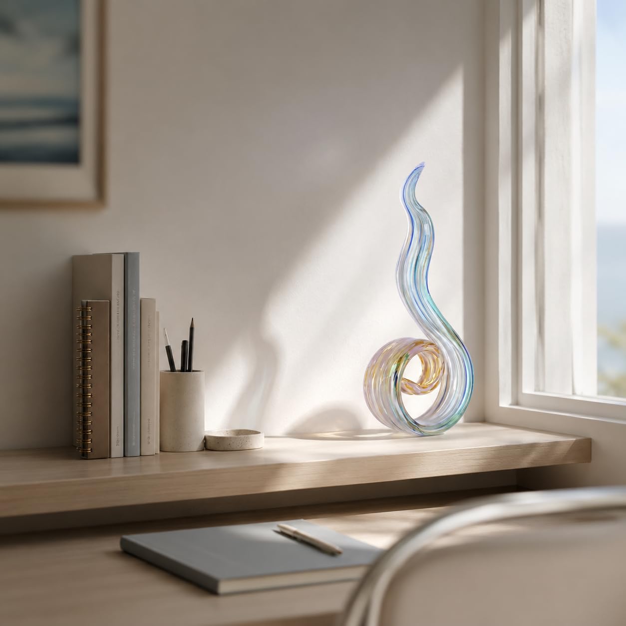 WUBIANJIE Glass Sculptures Home Decor, Hand Blown Art Glass Statue, Abstract Wave Flame Figurine for Living Room Shelf Tabletop Entryway Decorative Indoor Accent
