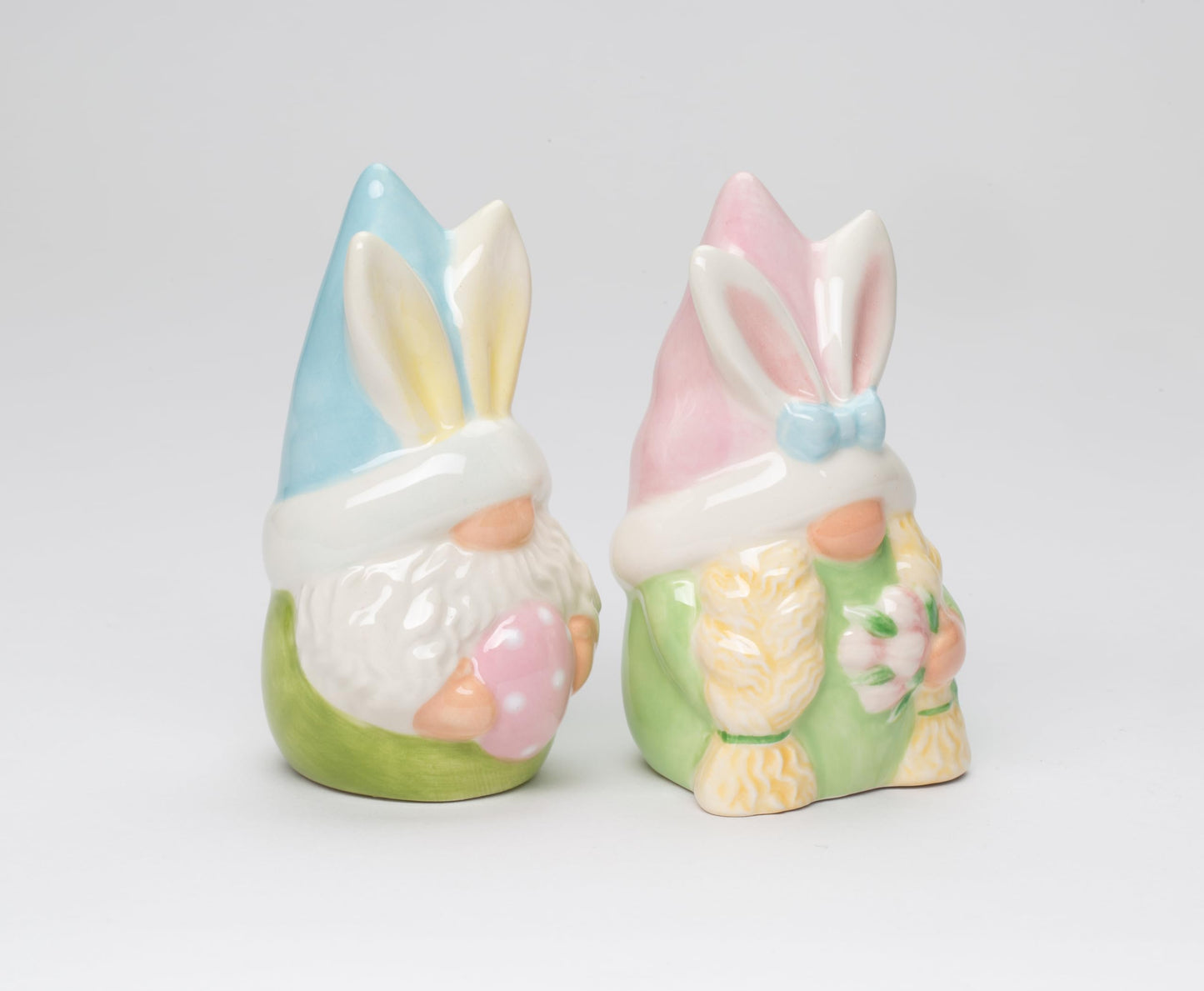 Fine Ceramic Spring Easter Gnome Bunny Rabbit Salt & Pepper Shakers Set, 3-7/8"