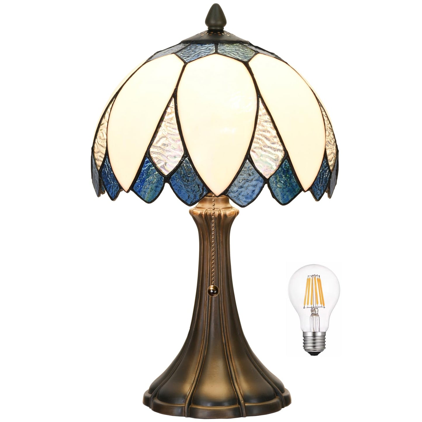 HomeBeauty TL0014 Tiffany Table Lamp Handmade Stained Glass Blue & White Lotus Bedside Lamp Bending Glass Reading Desk Light 9.5 X 16.5 Inches for Bedroom Living Room Home Office (Blue &White)
