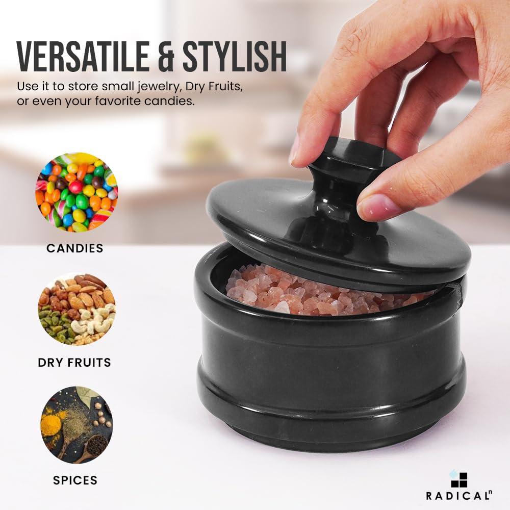 Radicaln marble Salt Cellar Black Handmade salt jar with lid and serving spoon - Elegant sugar container and salt container for kitchen storage