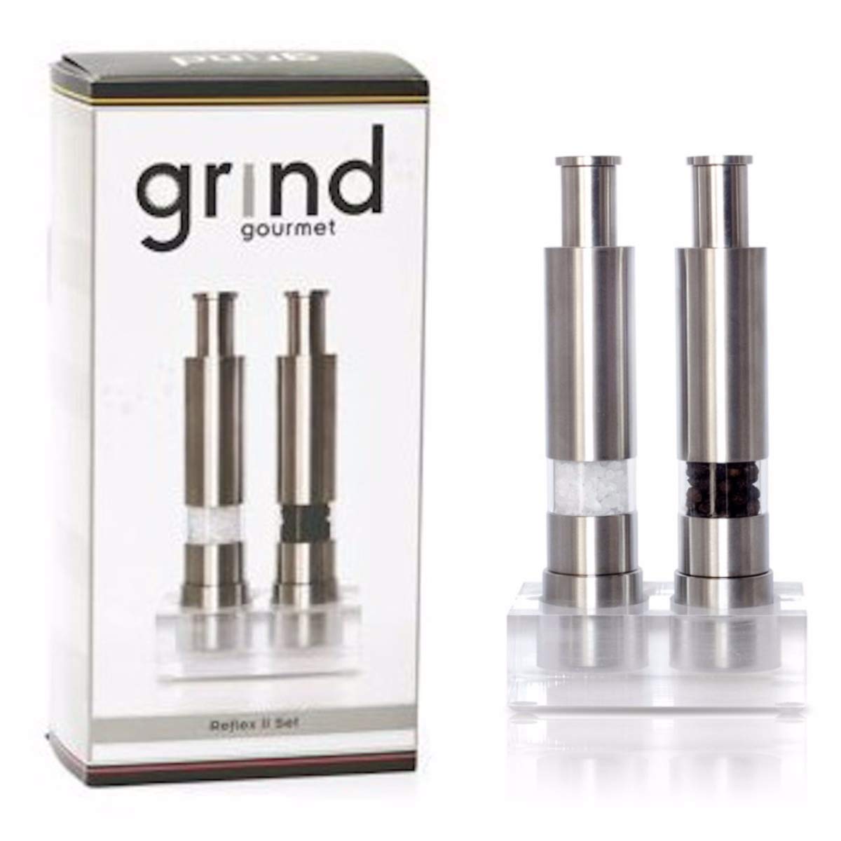 Grind Gourmet Salt and Pepper Grinder Set, Original Pump & Grind Peppermill are Refillable, Modern Thumb Press Grinder, Works With Black Pepper, Sea Salt, Himalayan Salts, Stand Included