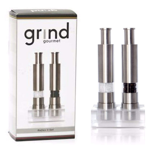 Grind Gourmet Salt and Pepper Grinder Set, Original Pump & Grind Peppermill are Refillable, Modern Thumb Press Grinder, Works With Black Pepper, Sea Salt, Himalayan Salts, Stand Included