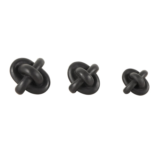 CosmoLiving by Cosmopolitan Resin Geometric Decorative Sculpture Knot Inspired Home Decor Statues, Set of 3 Accent Figurines 4", 4", 3"W, Black
