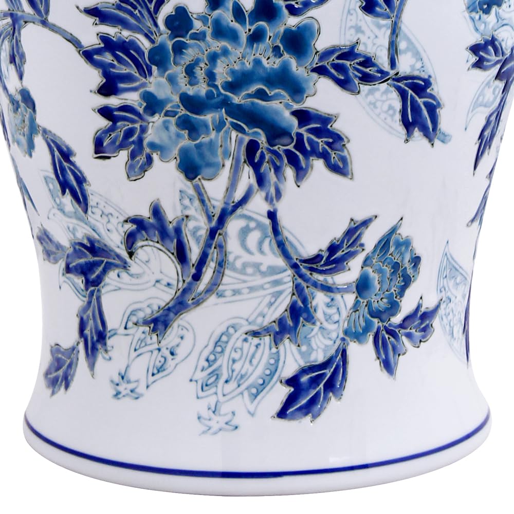 Andaliz Large Blue and White Ceramic Ginger Jar with Gold, 18.1 Inch Floral Vase Floor Decor for Living Room, Entryway Home Accent