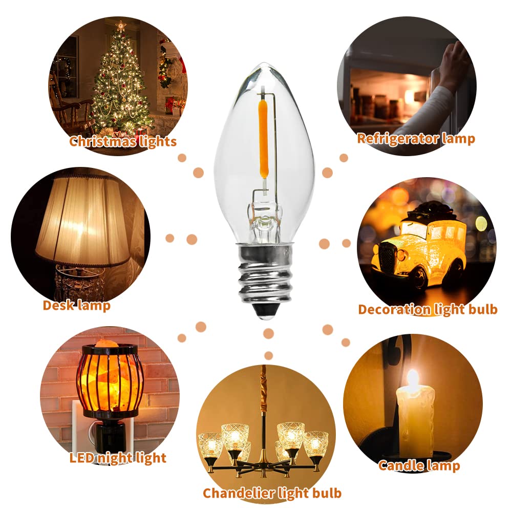 Austin Coast 25PACK LED Night Light Bulbs, C7 Candelabra LED Light Bulbs, E12 Chandelier Base, 0.6W Equivalent to 7W, Warm White 2200K, 50LM, Shatterproof & Waterproof Clear ‎Plastic