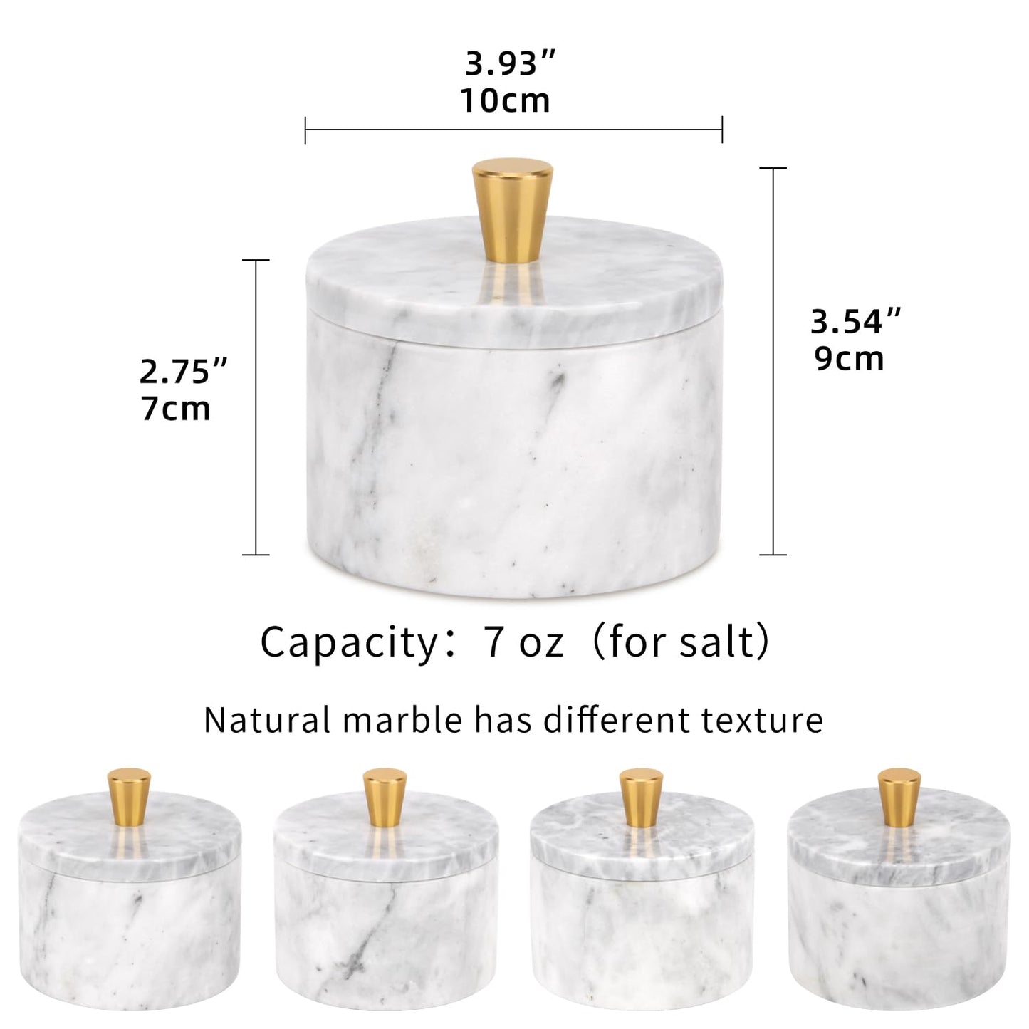 Stonemanus Marble Salt Cellar with Lid, 4 inch Natural Stone Salt Pepper Box, Alloy Lid for Kitchen Countertop Storage (White Grey, 4 * 3.5)