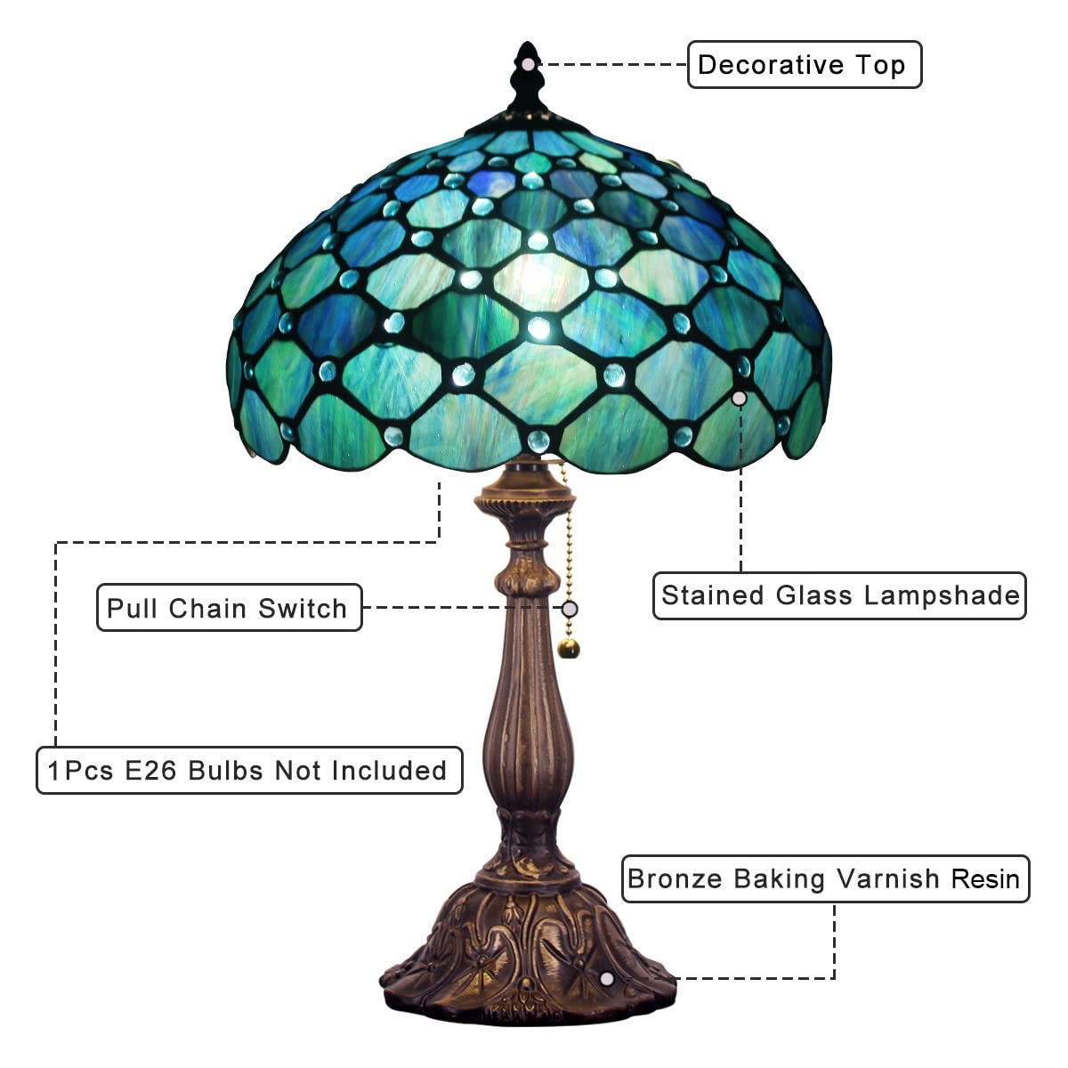 ZJART Tiffany Table Lamp Stained Glass 12X12X19 Inch Sea Blue Pear