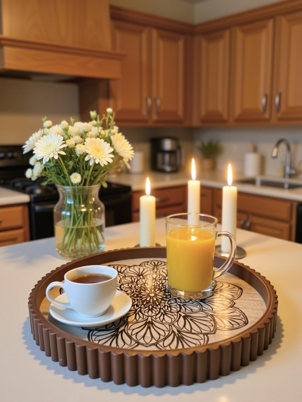 EspoirLuv Round Decorative Tray Set of 2 with Glass Top – Coffee Table Trays, Serving Trays for Living Room, Entryway, Ottoman & Sofa Décor (13.8” & 11.8”)