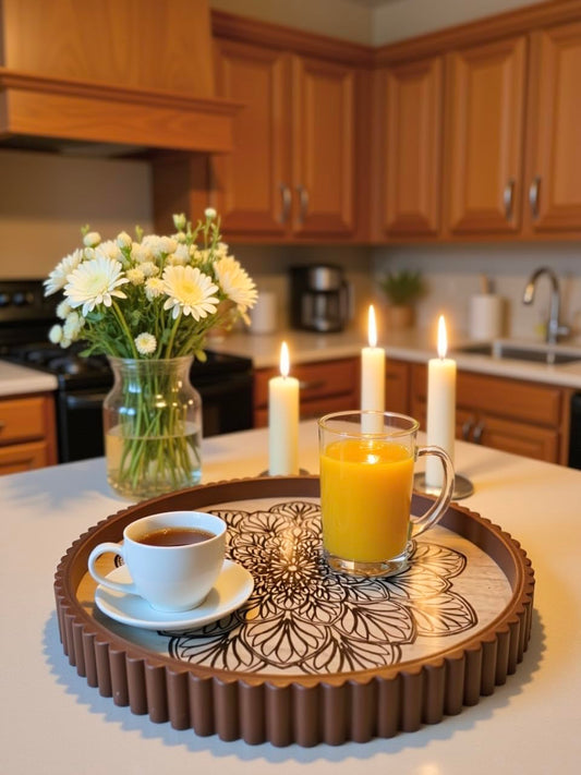 EspoirLuv Round Decorative Tray Set of 2 with Glass Top – Coffee Table Trays, Serving Trays for Living Room, Entryway, Ottoman & Sofa Décor (13.8” & 11.8”)