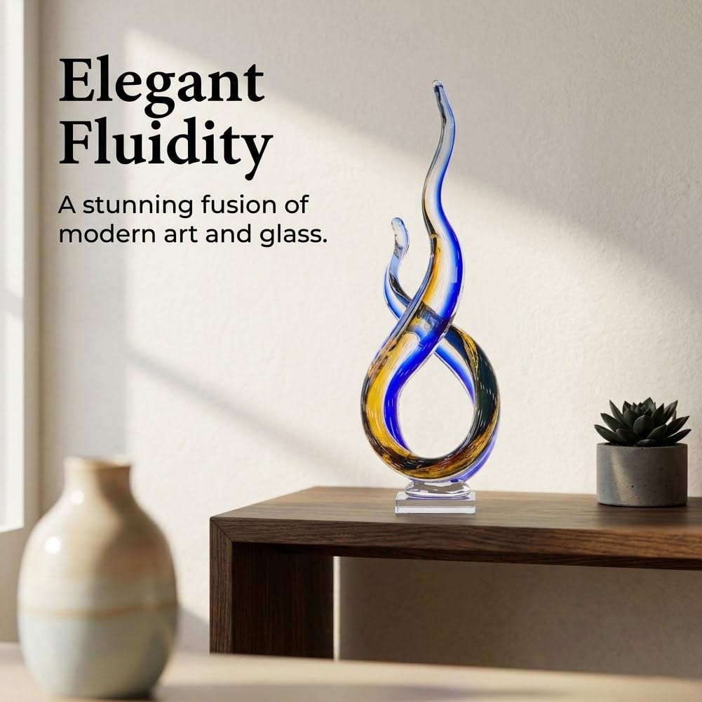 QIANLING 18.1 Inch Glass Wave Sculpture, Hand Blown Abstract Glass Figurine, Tall Decorative Glass Sculpture for Living Room Shelf, Mantel, Bedroom, Tabletop, Office and Home Decor Accent