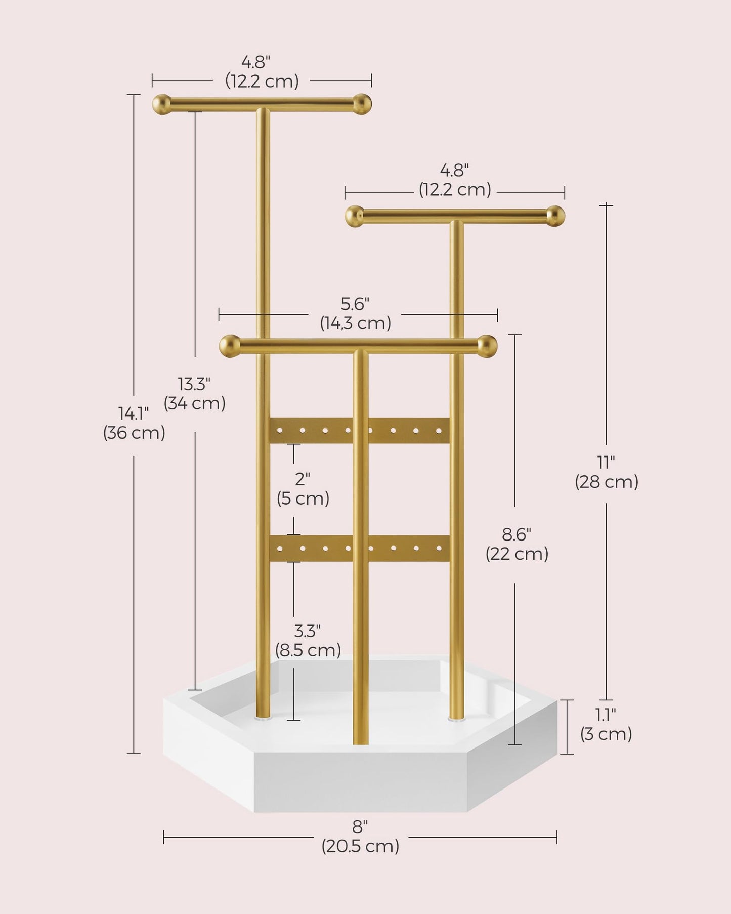 SONGMICS Set of 2 Jewelry Holders Organizers, 3 Tiers and 1 Tray, Jewelry Display Stands with Metal Frame, Necklace Earring Bracelet Holder, for Rings, Pale Gold and White UJJS003A01-2J