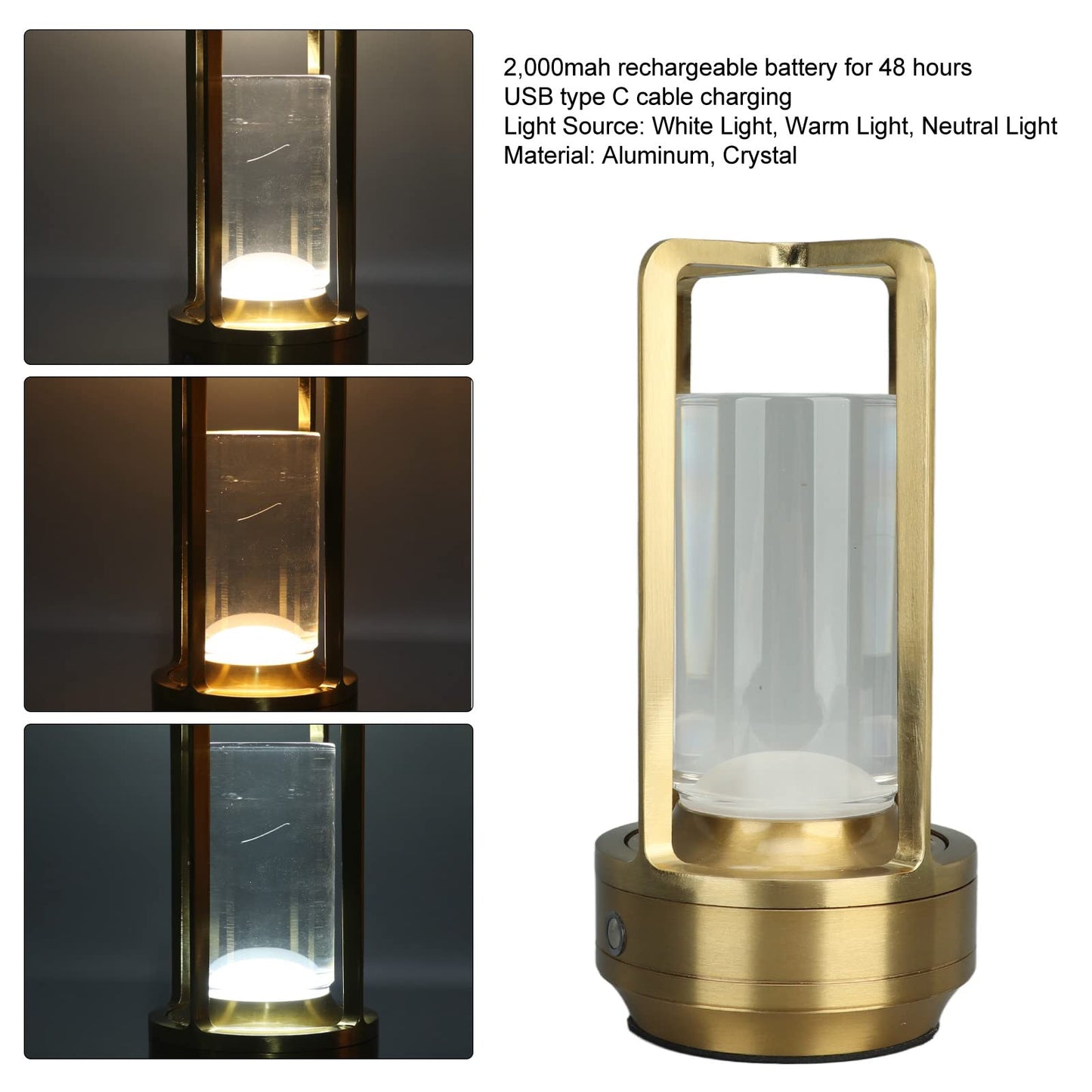 Pyhodi Table Lamp, 3 Colors Stepless Dimming LED Bedside Lamps with Touch Sensor, Portable Rechargeable Touch Lamp with Crystal Lampshade, Universal USB Charging for Bedroom,Study (Gold)