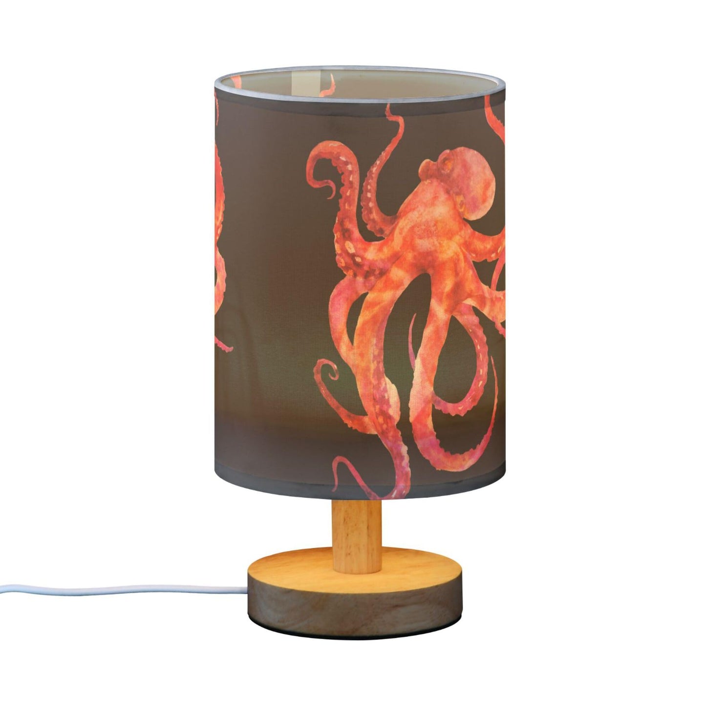YYZZH Watercolor Red Pink Octopus with Tentacle Marine Animal Sea Life Table Lamp with Wood Base Fabric Lamp Shade Bedside Nightstand Desk Lamp for Living Room Bedroom Kids Room Office