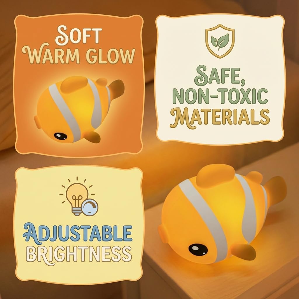 AVACOM Night Light for Kids Toddler Nursery - Cute Clownfish Squishy Silicone Baby Lamp for Bedtime Breastfeeding, Rechargeable Portable Touch Pat Nightlight with 3 Brightness & 30-Min Auto-Off Timer