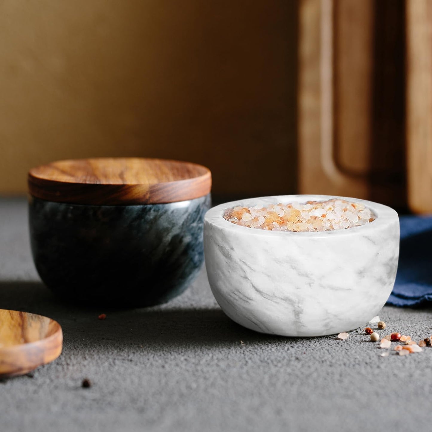 jalz jalz salt cellar salt box large big size salt holder white Marble Base Wood Cover Salt Box Salt Cellar with spoon Decorative Boxes Big Capacity Salt Container Spice Cellar salt and pepper keeper