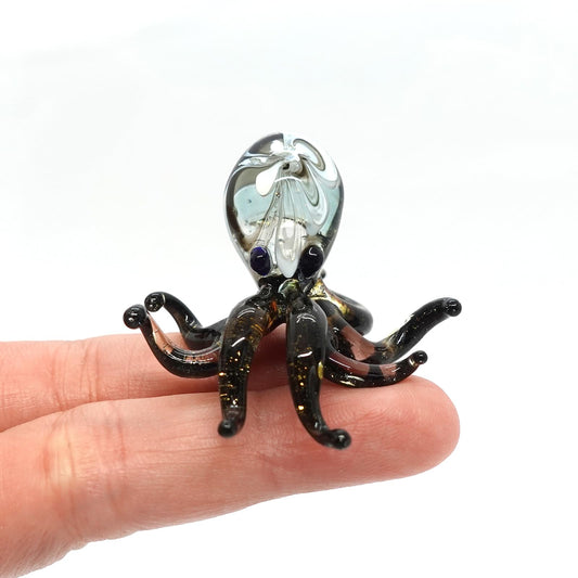 Sansukjai Octopus Tiny Figurines Hand Blown Glass Art Animals Collectible Gift Home Decor (Black Yellow)