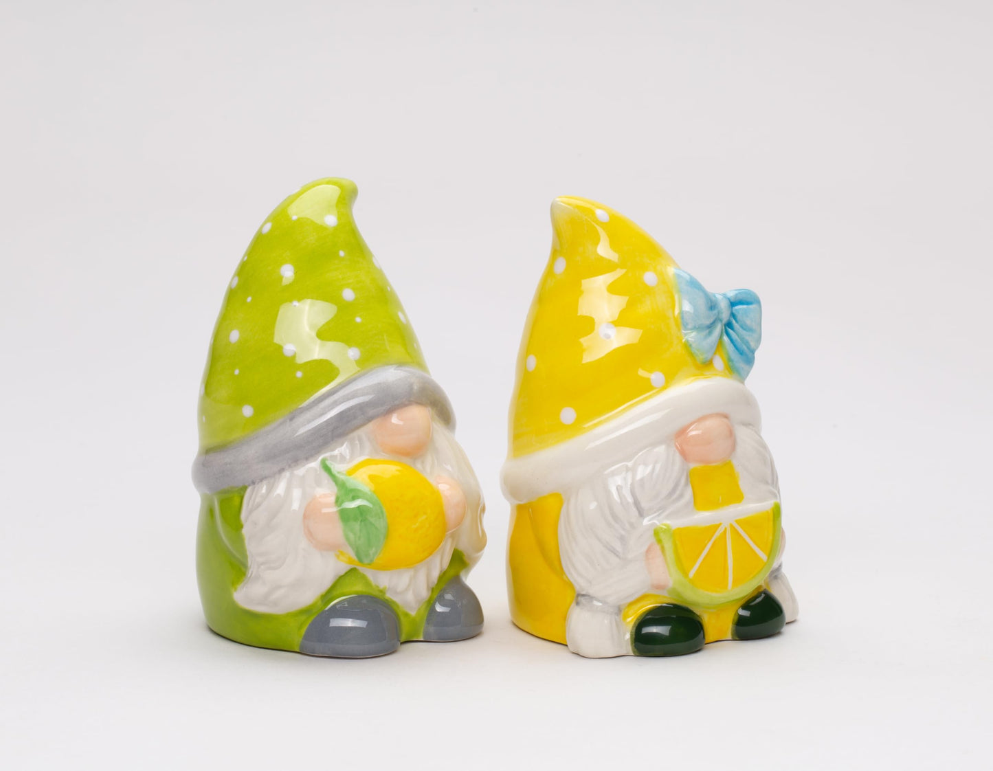 Fine Ceramic Summer Lemon Lime Cool Gnome Couple Salt & Pepper Shakers Set, 3-5/8" H