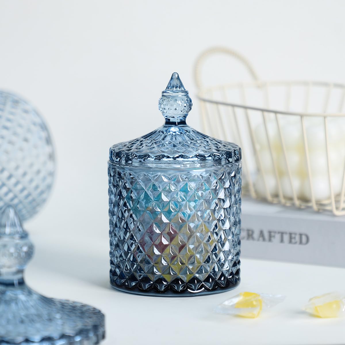 Sizikato Diamond Faceted Crystal Glass Candy Jar with Lid, Blue Decorative Jar, Jewelry Box, Cotton Swab Storage Holder.