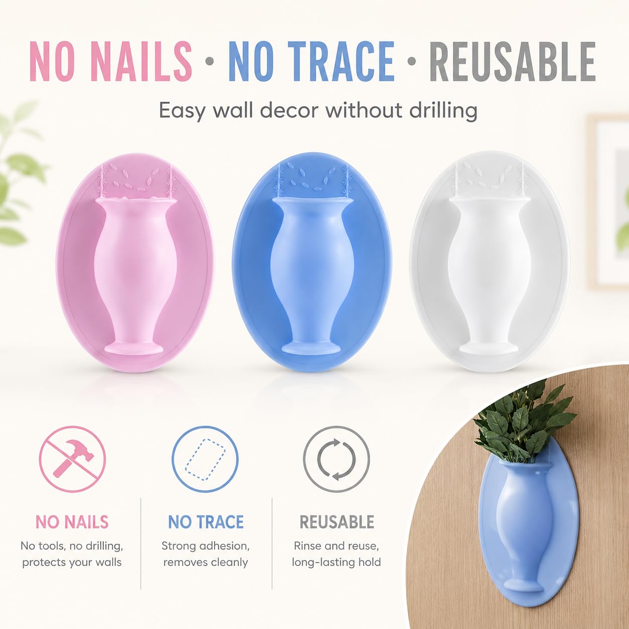 Chezmax Flower Pot Silicone Sticky Vase 3PCs Hanging Decorative Reusable Wall-Mounted Flower Vase