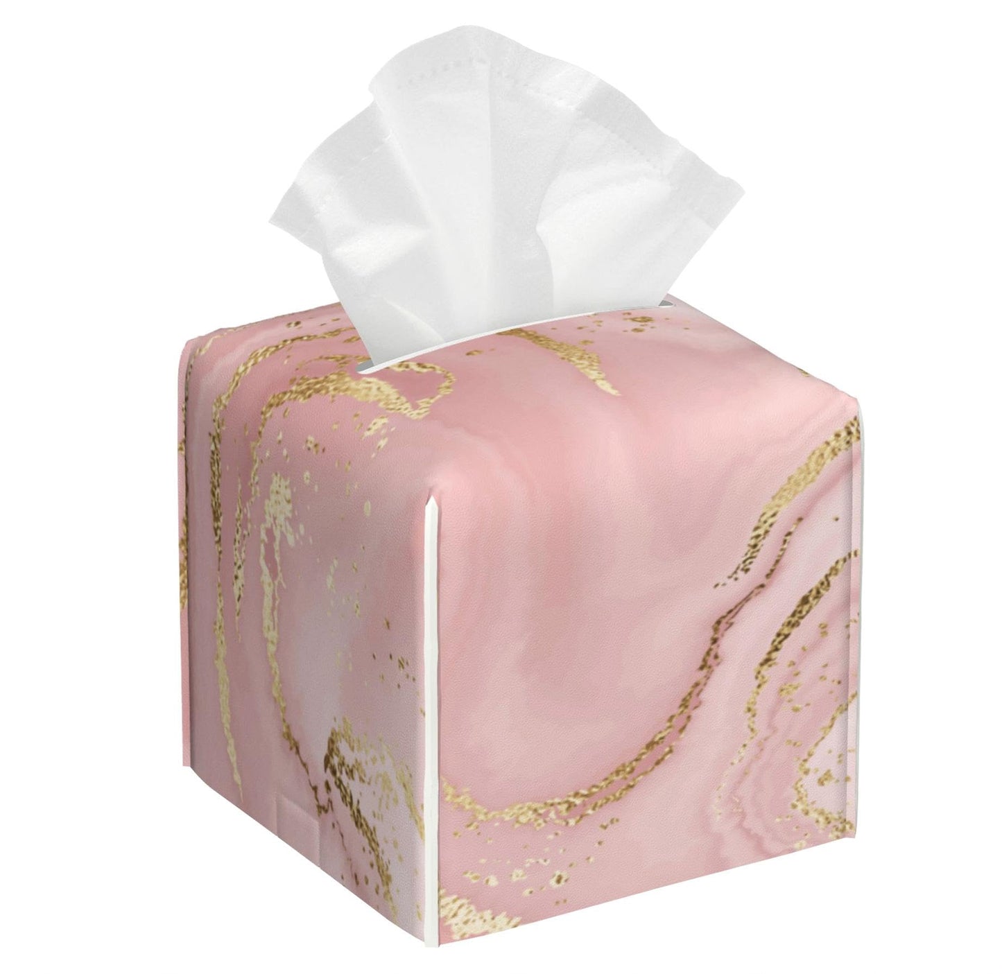 Pink Marble Tissue Box Cover Square,Tissue Box Holder with Belt Bottom,Stylish Leather Napkin Holder for Vanity Countertop,Nightstands,Office Desk,5.2"×5.2"×5.2"
