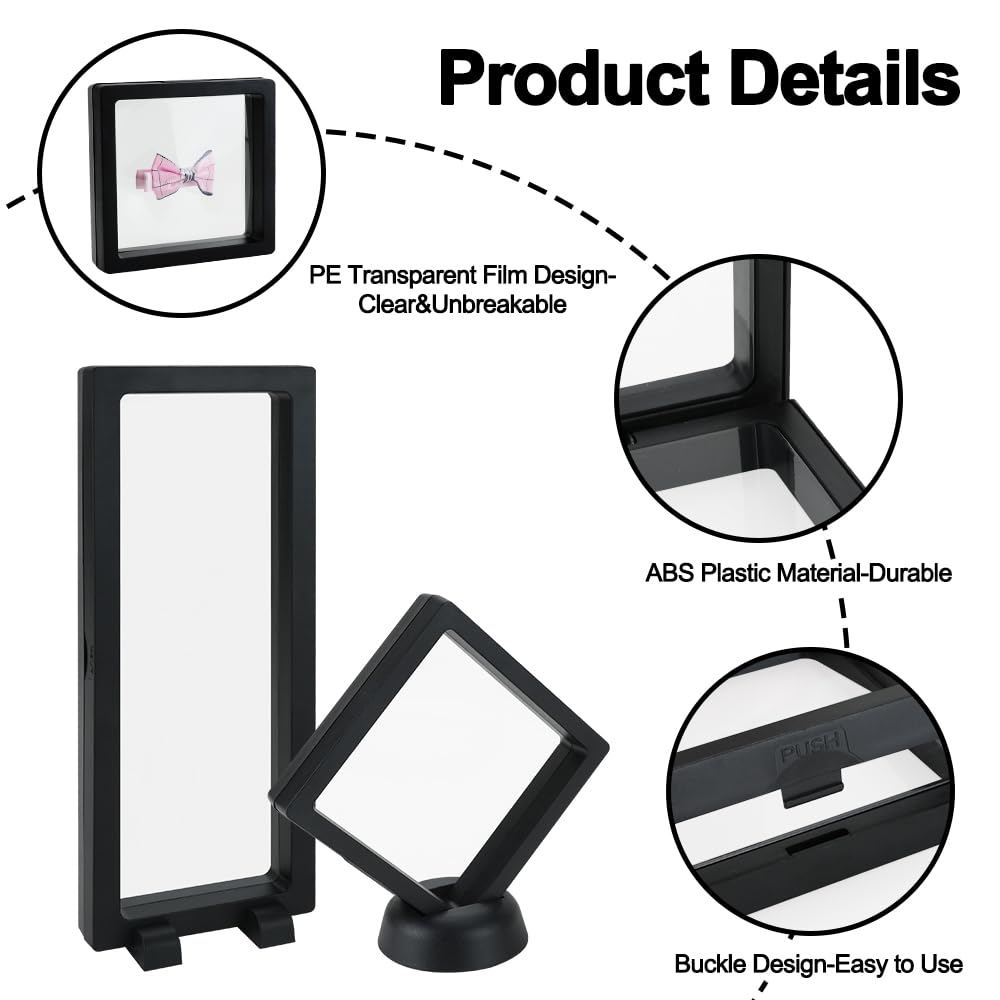 3D Floating Display Case, Transparent Film Jewely Storage Box, Black Challenge Coin Display Holder Stand for Antique Challenge Coins Medals Jewelry Shells Gems Minerals Rocks Specimen Pins (24Pcs)